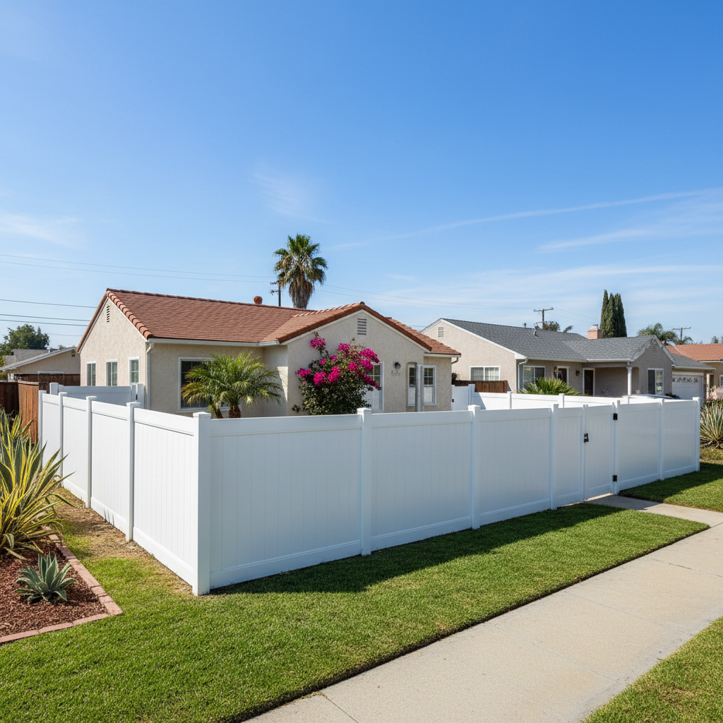 Completed vinyl fence installation work at a residential property in Garden Grove, CA