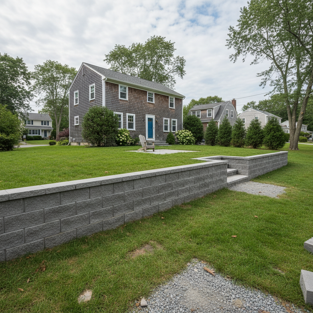 Completed block wall construction work at a residential property in North Kingstown, RI