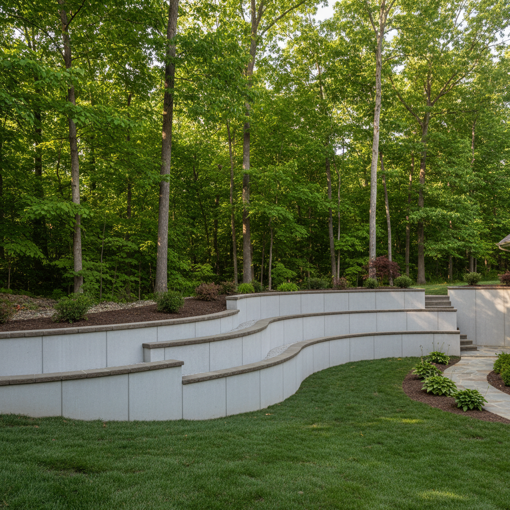 Completed concrete retaining walls work at a residential property in Kingsport, TN