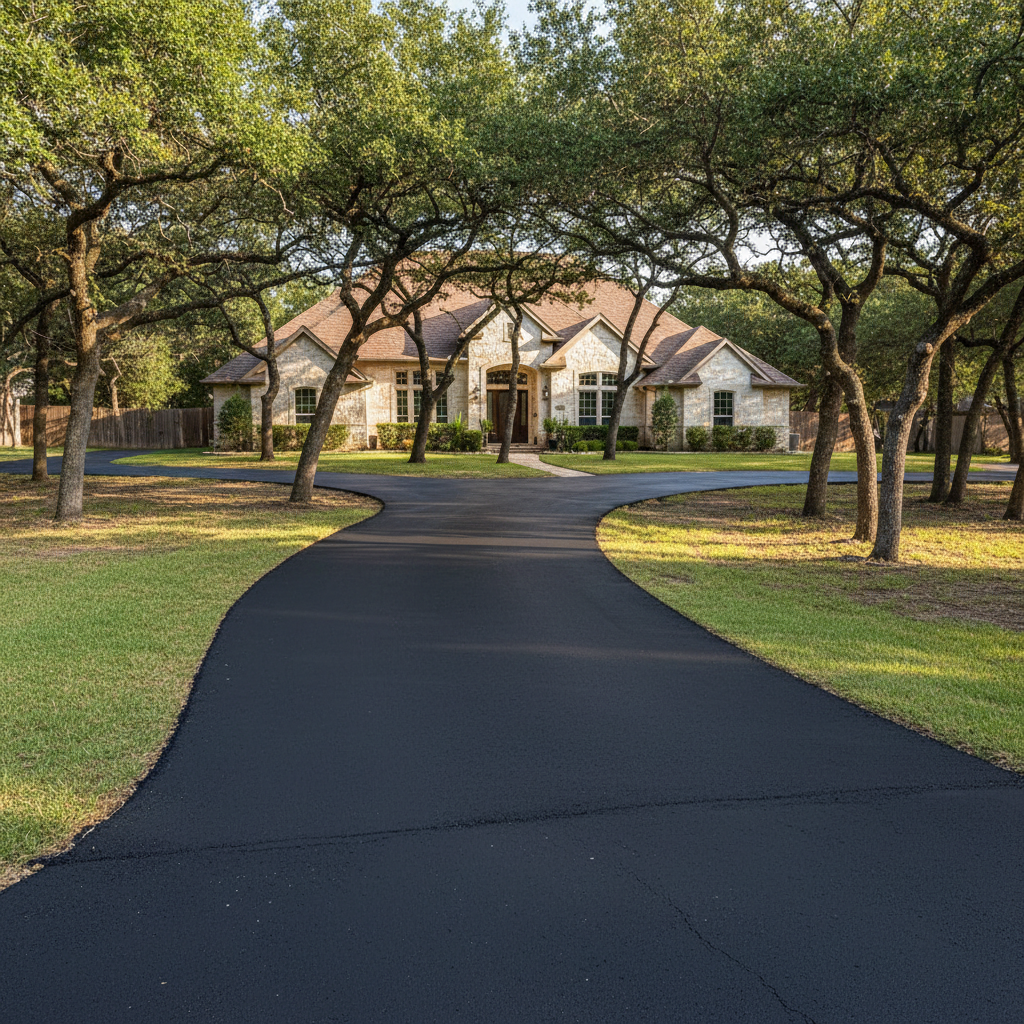 Completed asphalt sealcoating work at a residential property in New Braunfels, TX