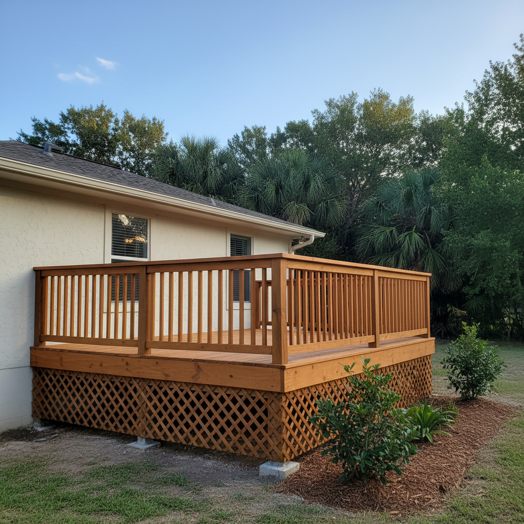 Completed deck construction work at a residential property in Brownsville, TX