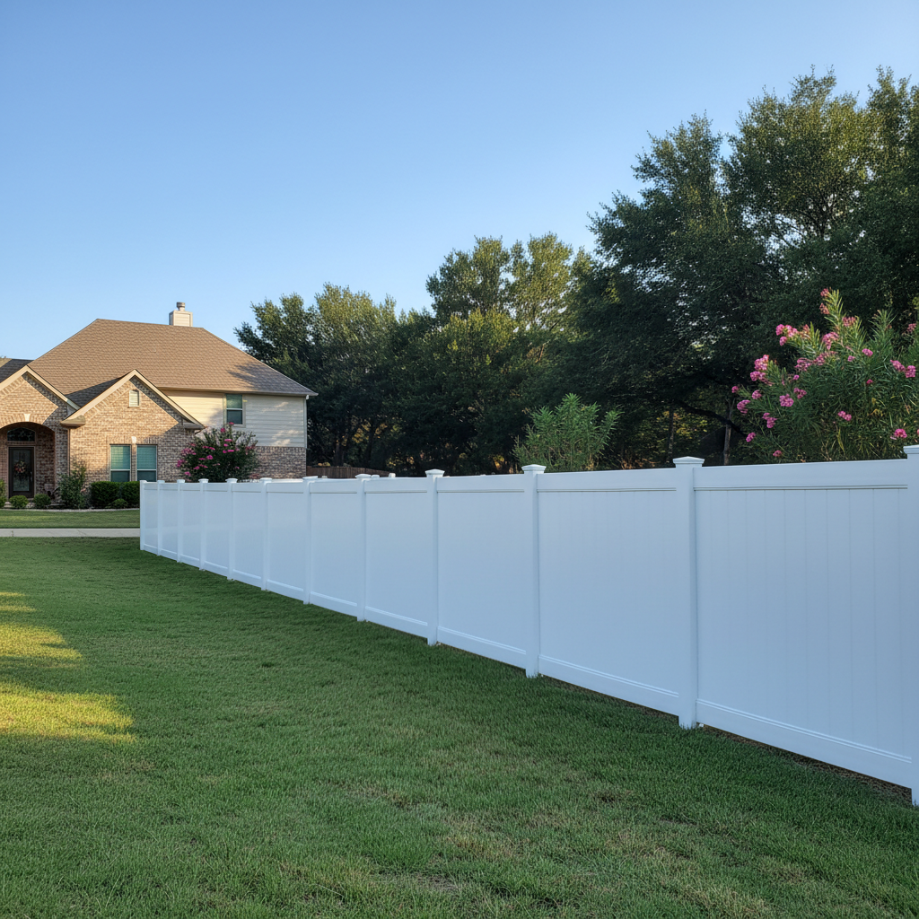 Completed vinyl fence installation work at a residential property in New Braunfels, TX