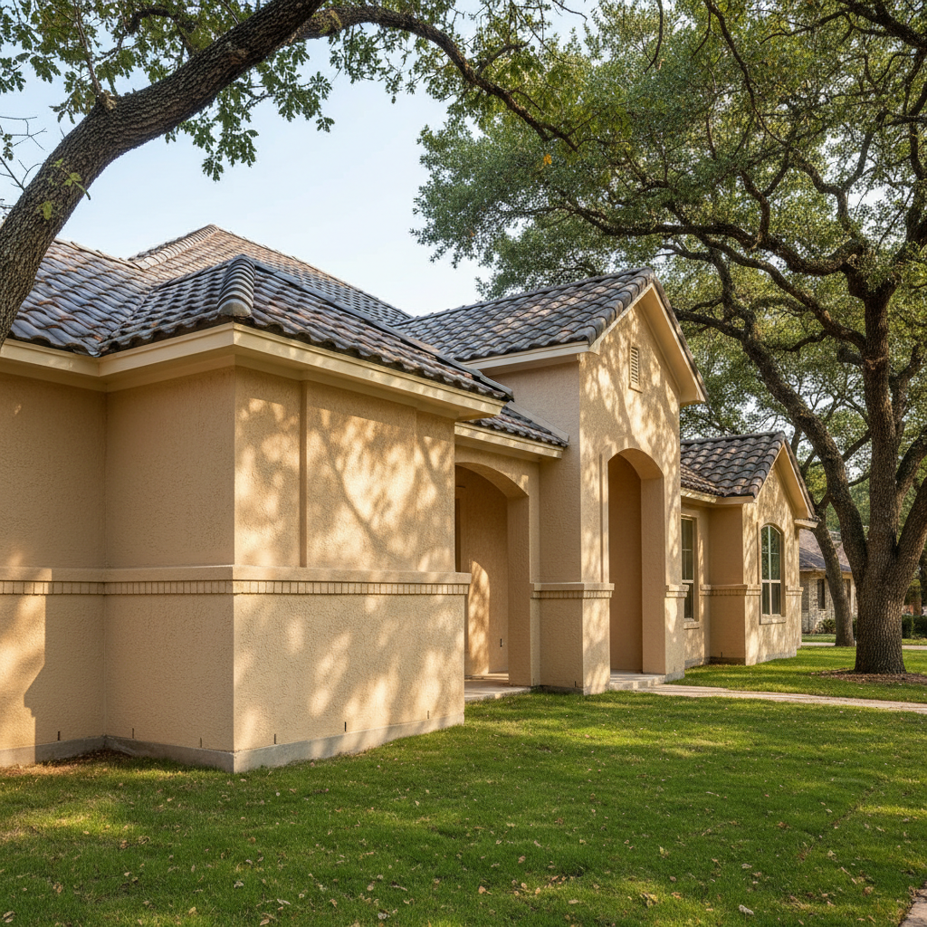 Completed stucco installation work at a residential property in Leander, TX