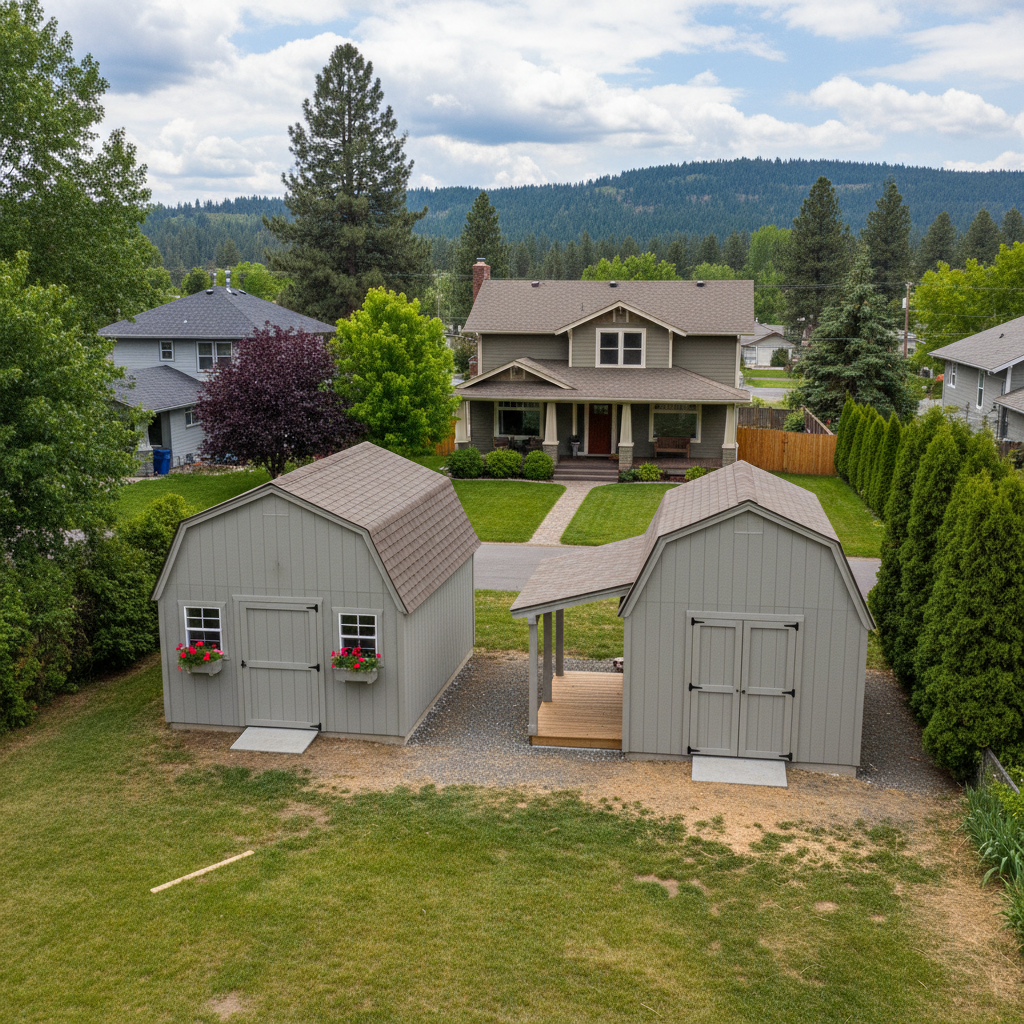 Completed storage sheds work at a residential property in Spokane, WA