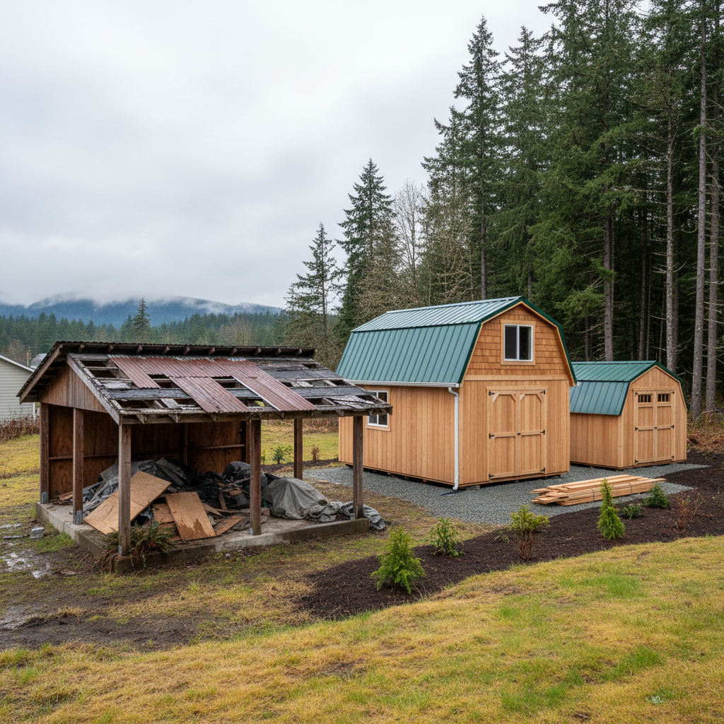 Completed storage sheds work at a residential property in Raymond, WA