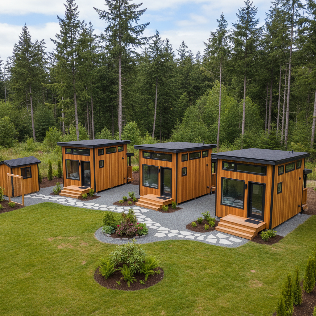 Completed tiny homes work at a residential property in Raymond, WA