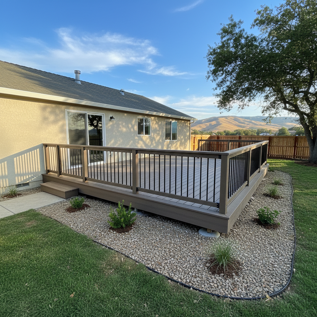 Completed trex decks work at a residential property in Modesto, CA