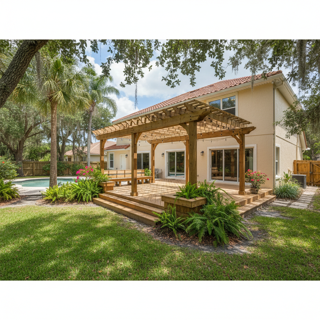 Completed pergola construction work at a residential property in Orlando, FL