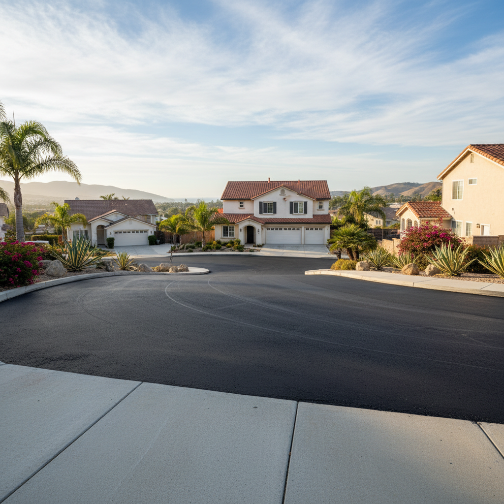 Completed asphalt sealcoating work at a residential property in Oceanside, CA