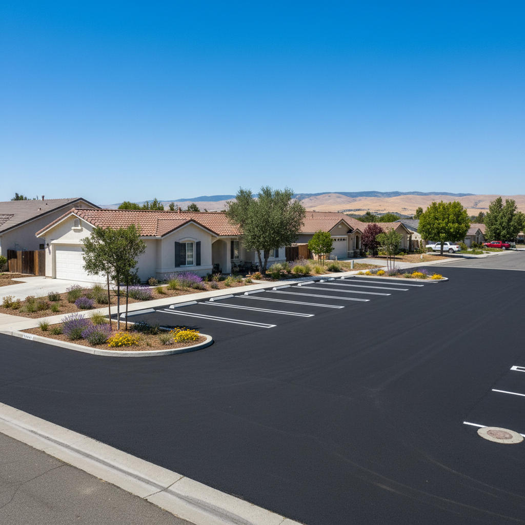 Completed parking lot paving work at a residential property in Tracy, CA