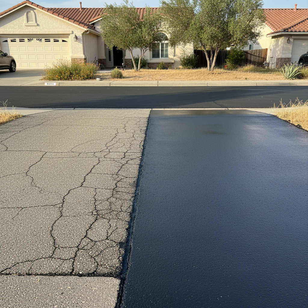 Completed asphalt sealcoating work at a residential property in Tracy, CA