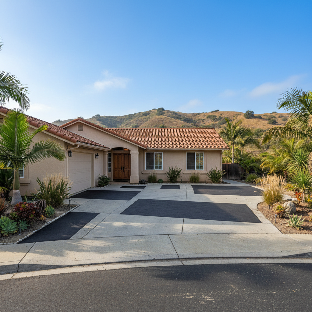 Completed asphalt patching work at a residential property in Oceanside, CA