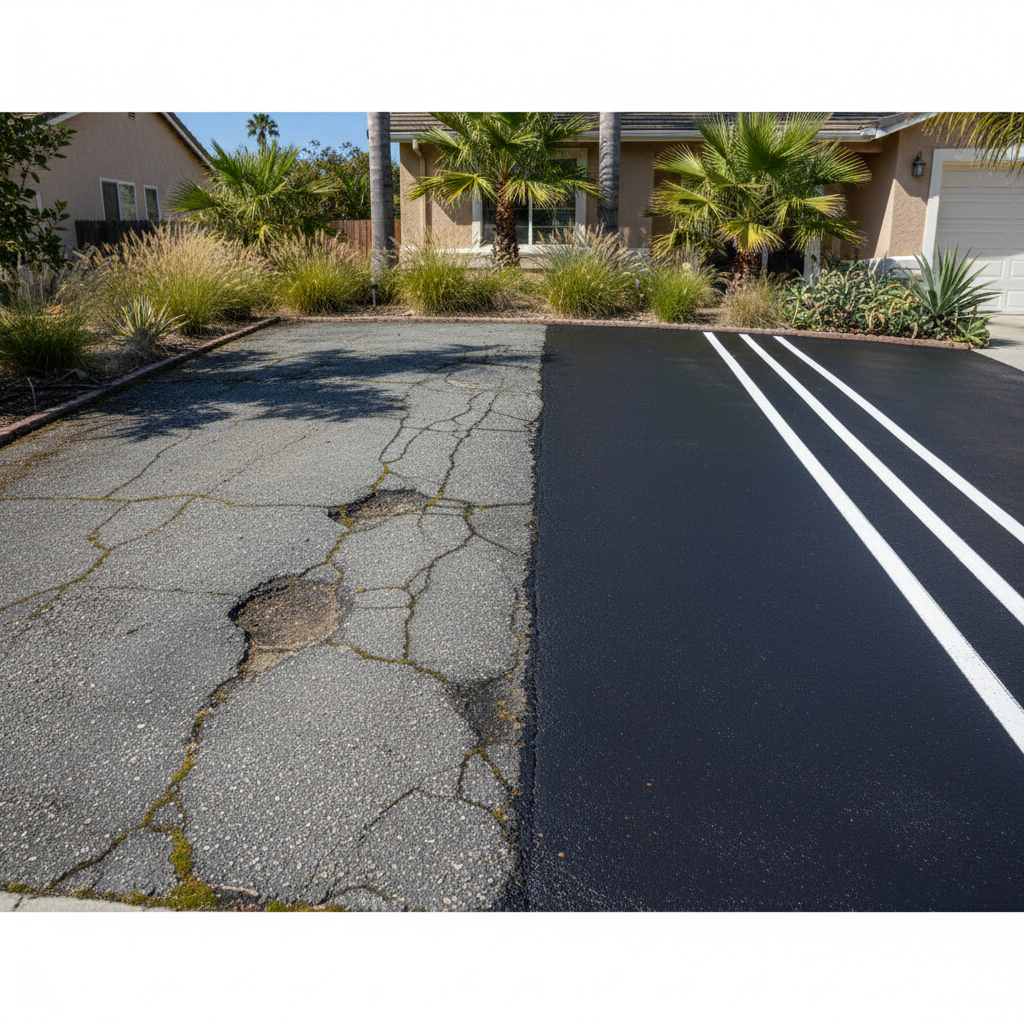 Completed asphalt striping work at a residential property in Oceanside, CA