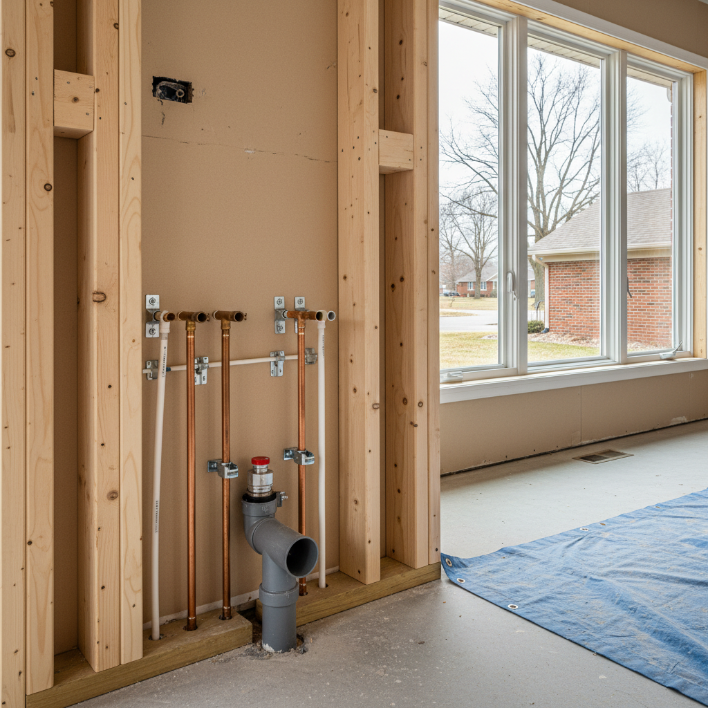 Completed plumbing rough-in work at a residential property in Freeport, IL