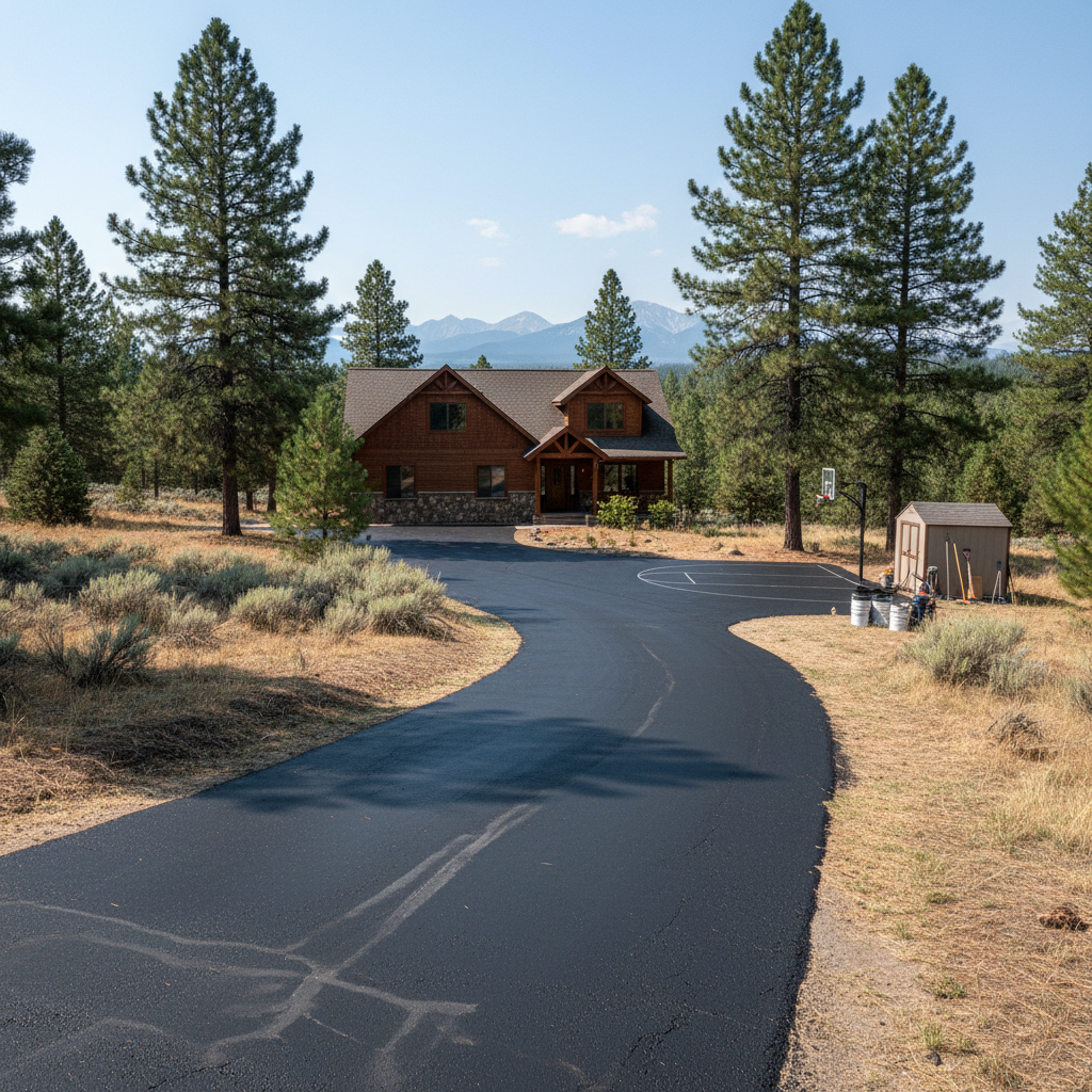 Completed asphalt sealcoating work at a residential property in Sisters, OR