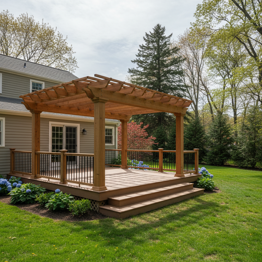 Completed pergola construction work at a residential property in Brookline, MA