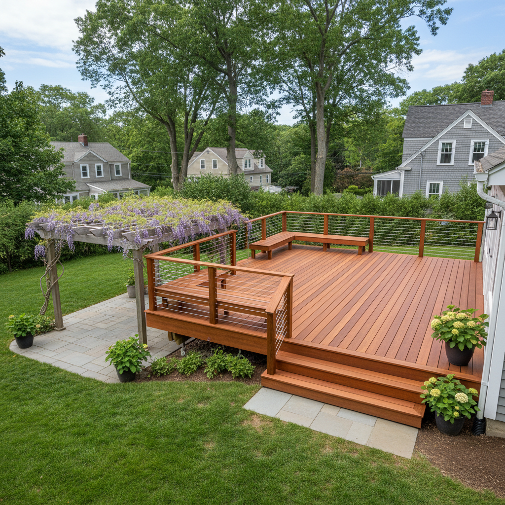 Completed deck construction work at a residential property in Brookline, MA