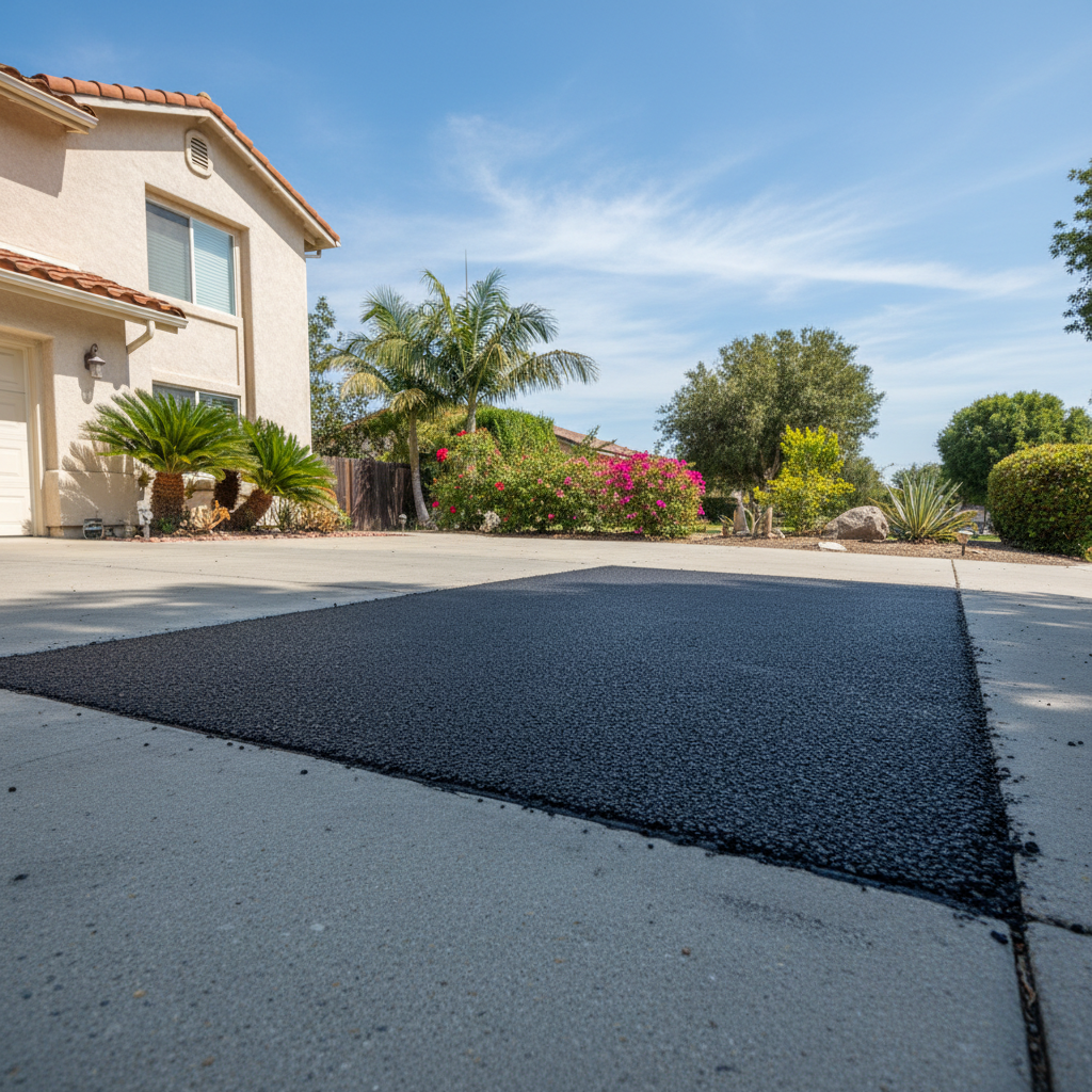 Completed asphalt patching work at a residential property in Garden Grove, CA