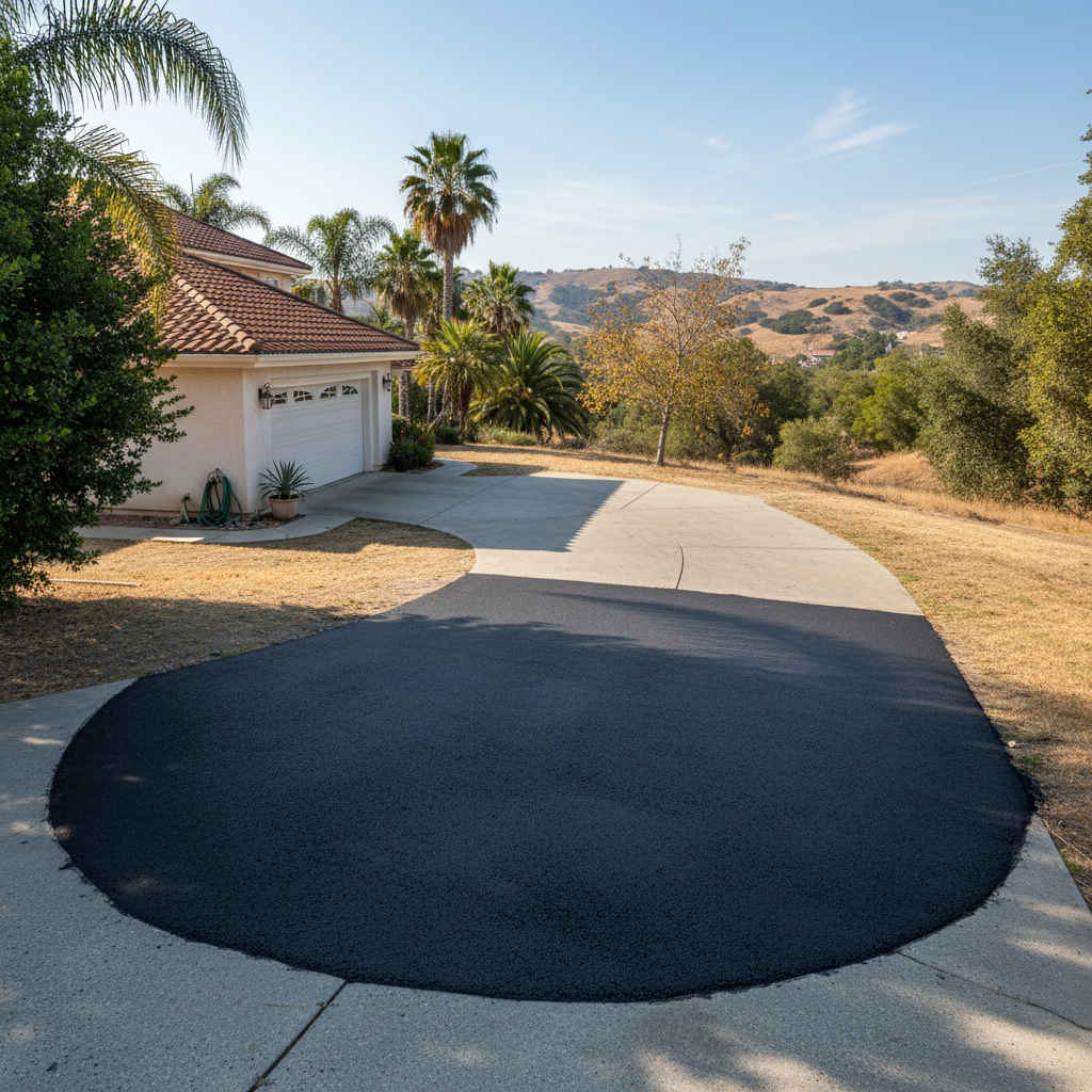 Completed asphalt repair work at a residential property in Brea, CA