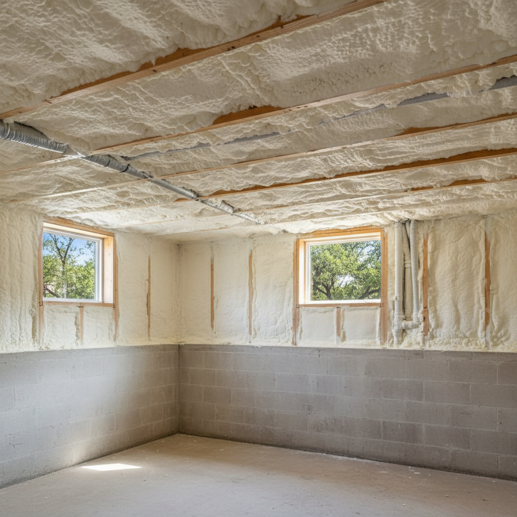 Completed basement insulation work at a residential property in Austin, TX