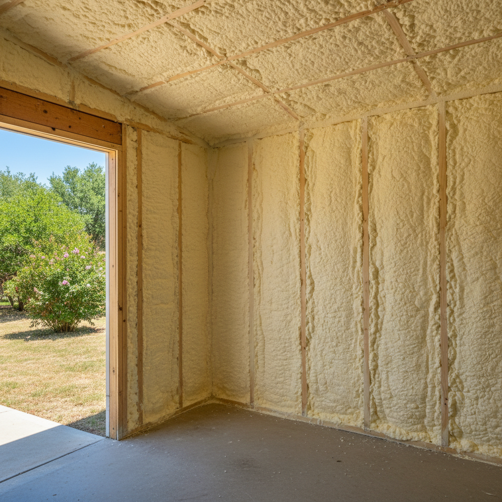 Completed shed insulation work at a residential property in New Braunfels, TX