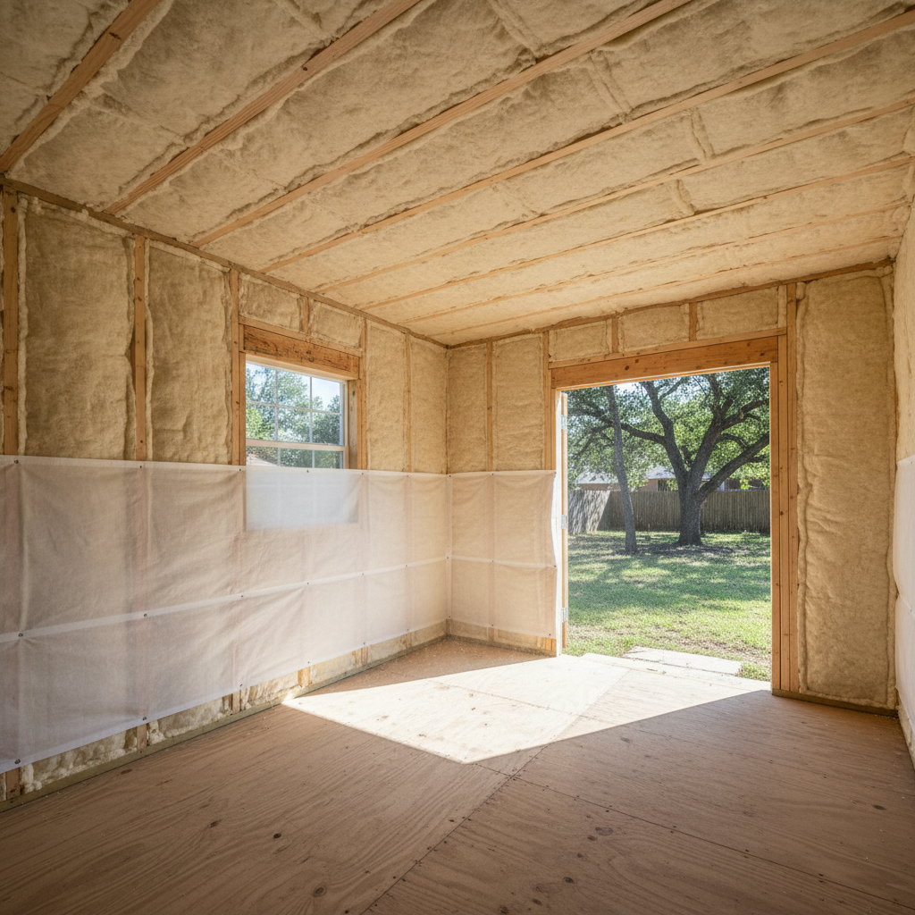 Completed shed insulation work at a residential property in Round Rock, TX