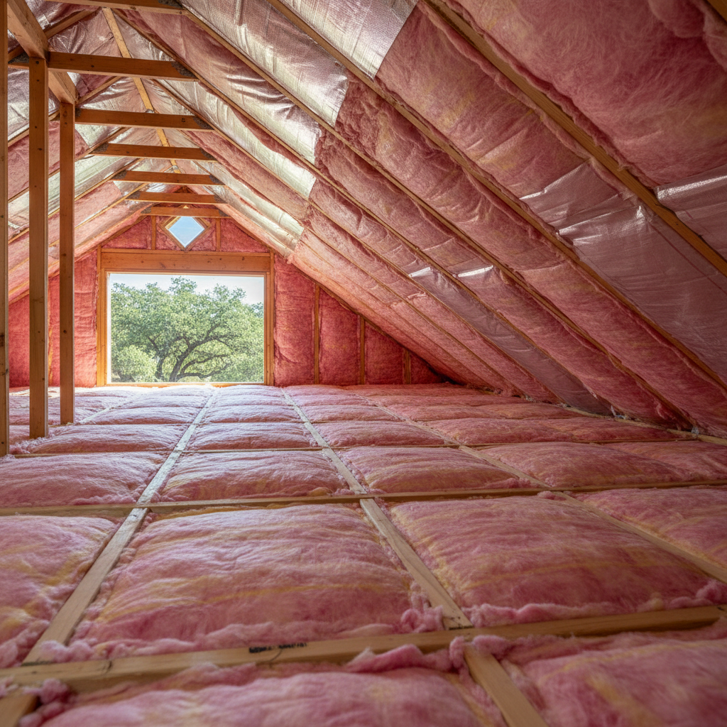 Completed batt insulation installation work at a residential property in Leander, TX