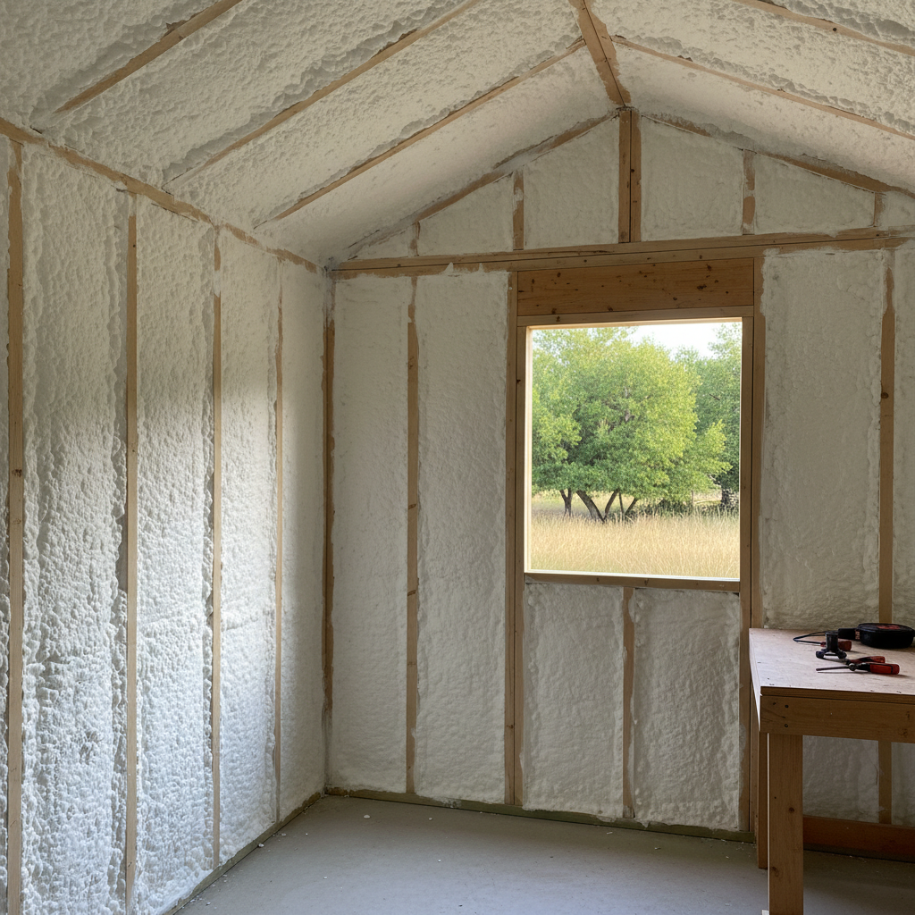Completed shed insulation work at a residential property in Pflugerville, TX