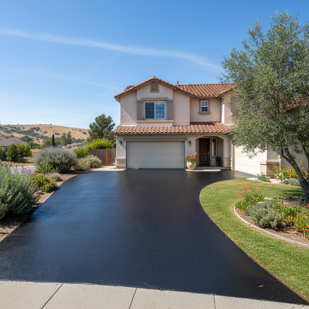 Completed asphalt sealcoating work at a residential property in Placentia, CA