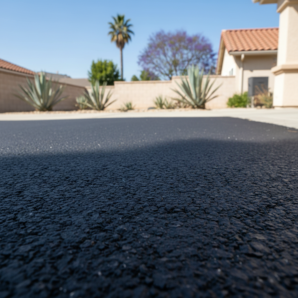 Completed asphalt repair work at a residential property in Placentia, CA