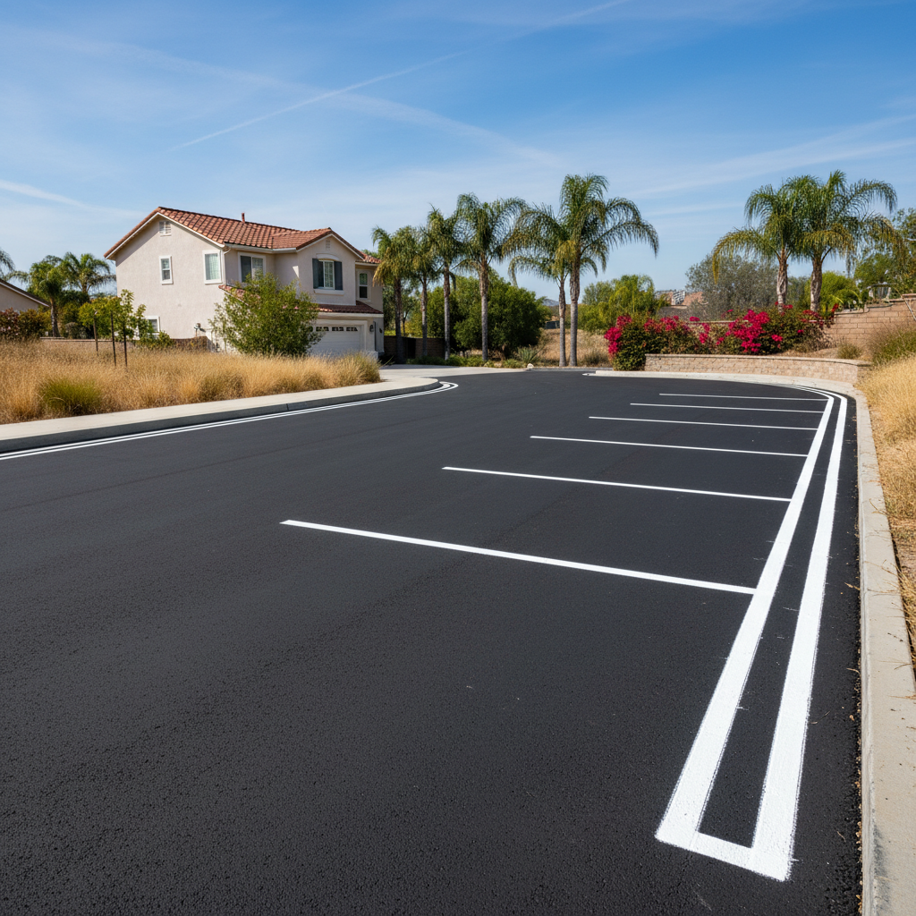 Completed asphalt striping work at a residential property in Placentia, CA