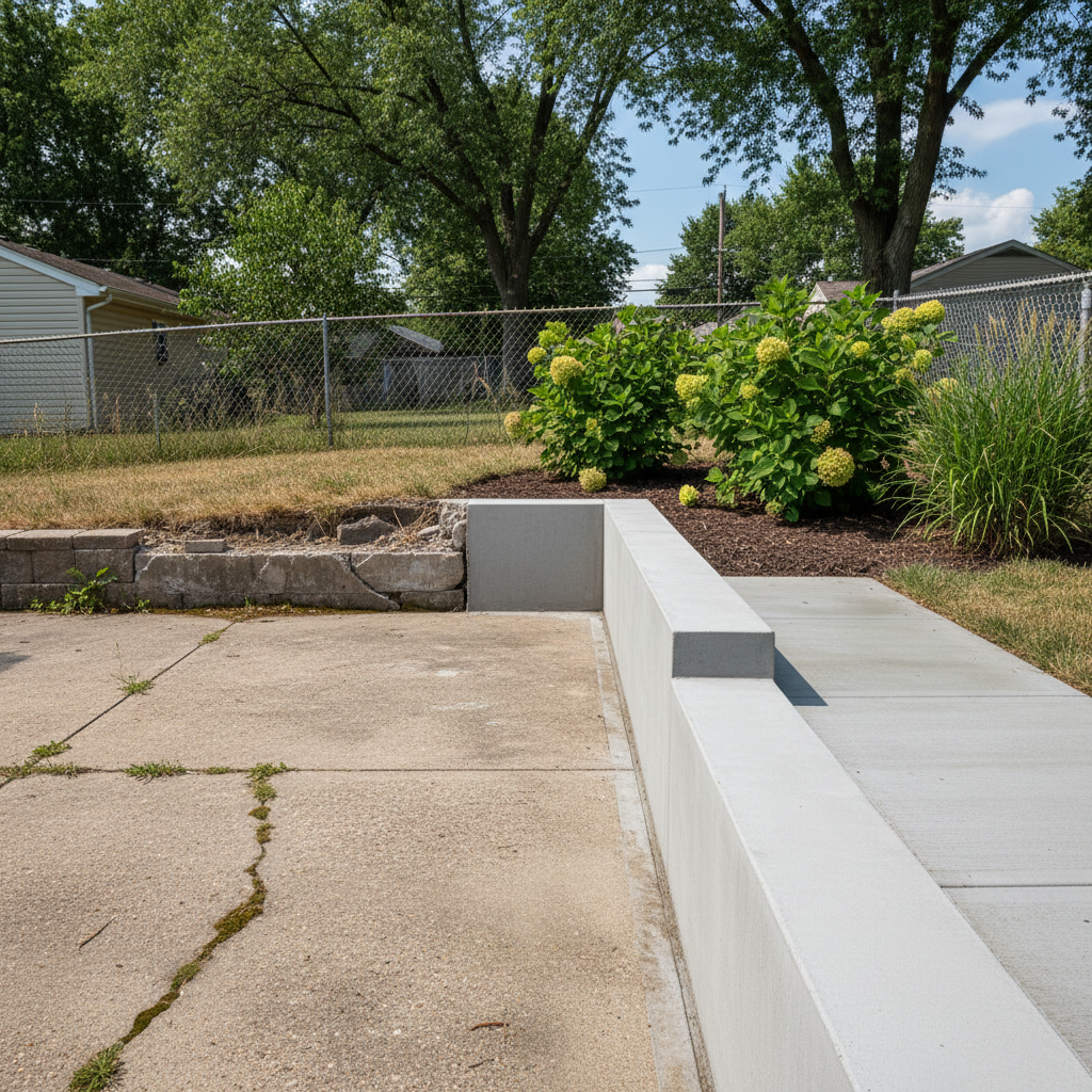 Completed concrete retaining walls work at a residential property in Aurora, IL