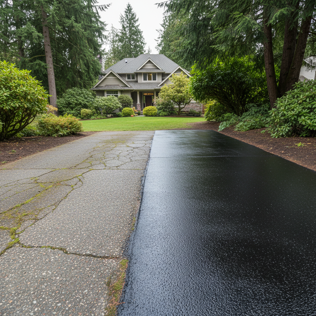 Completed asphalt sealcoating work at a residential property in Vancouver, WA
