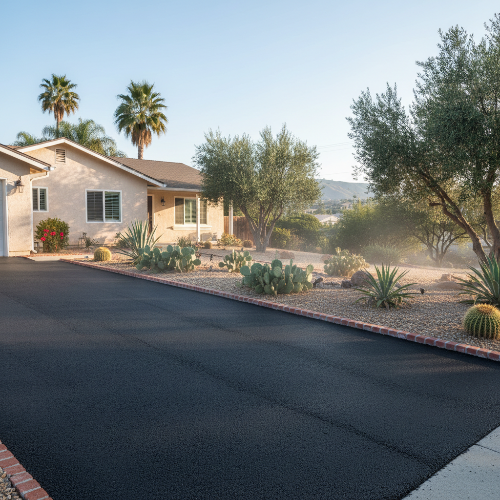 Completed driveway paving work at a residential property in Colton, CA