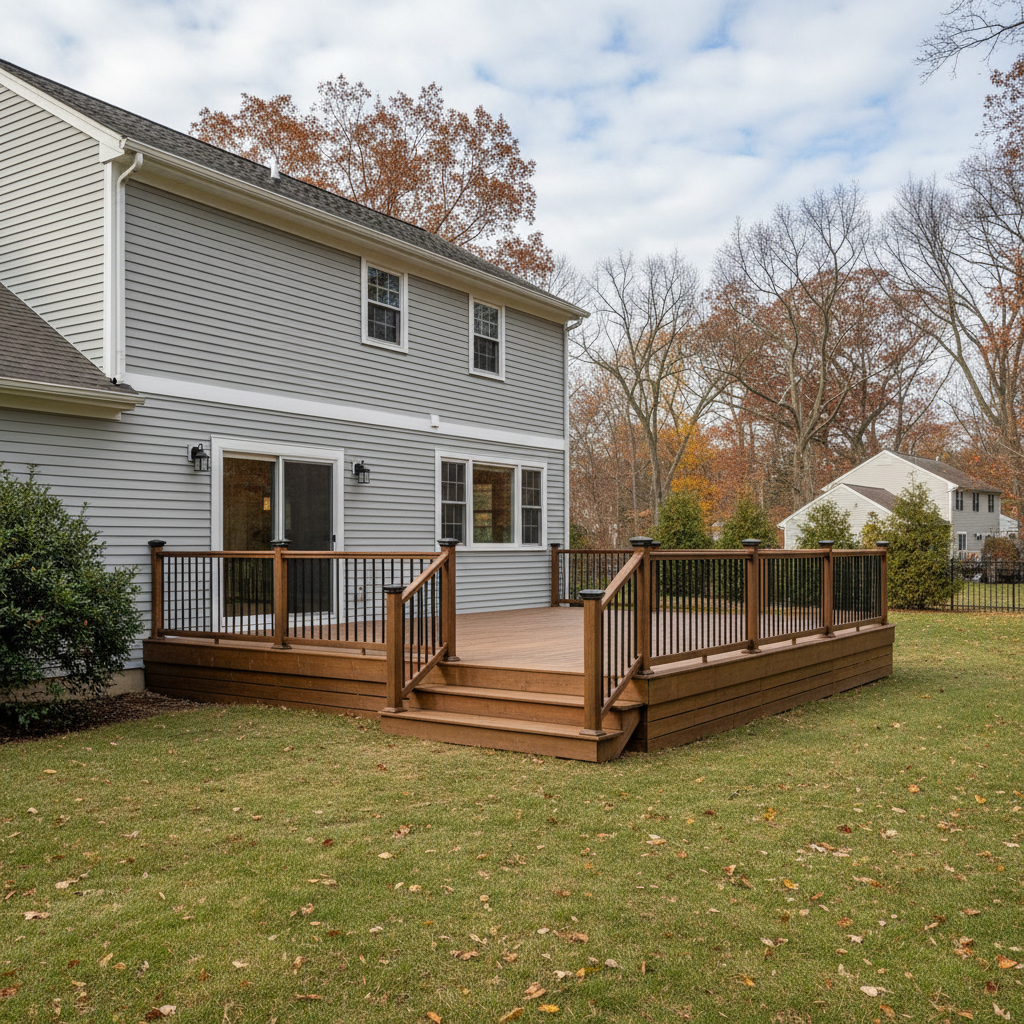 Completed deck construction work at a residential property in New Britain, CT