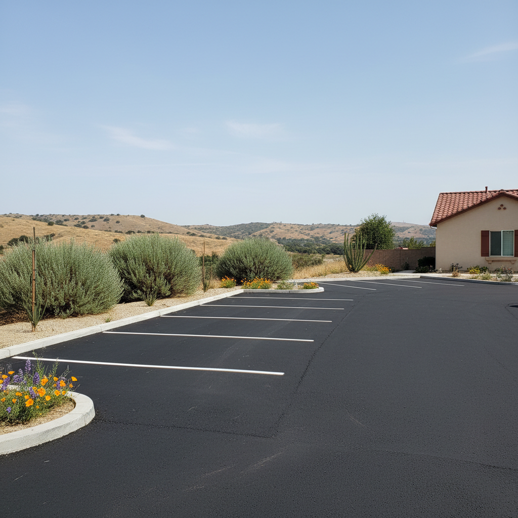 Completed parking lot paving work at a residential property in Menifee, CA