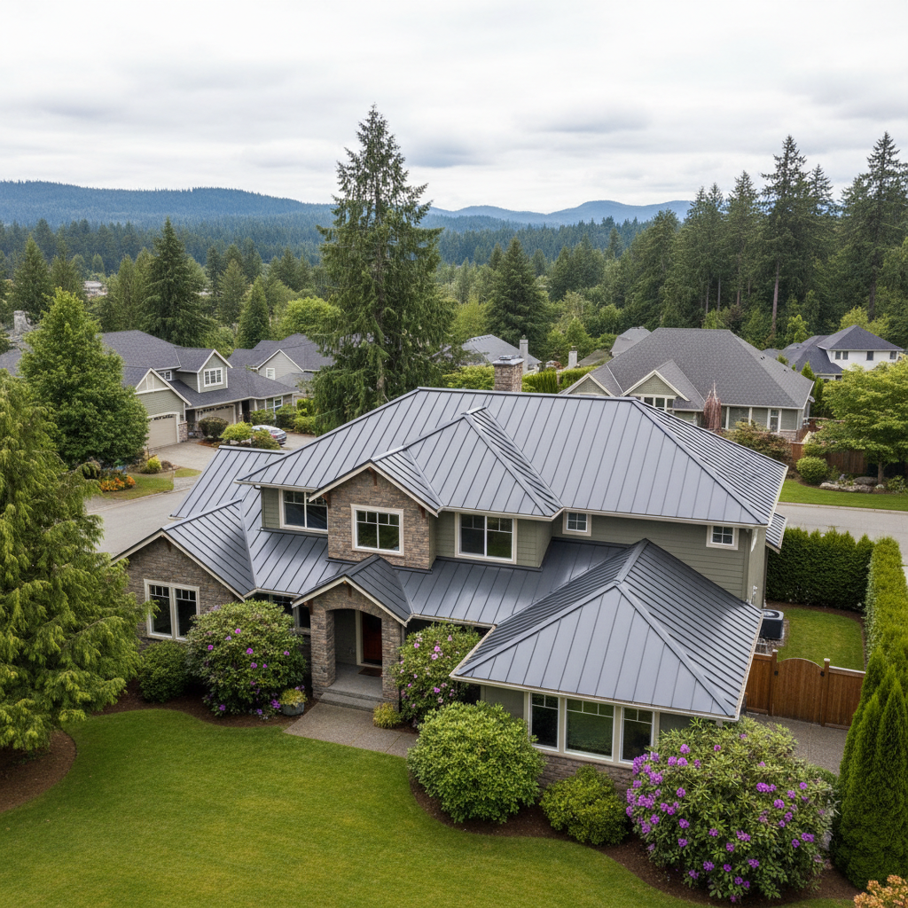 Completed metal roofing work at a residential property in Sammamish, WA