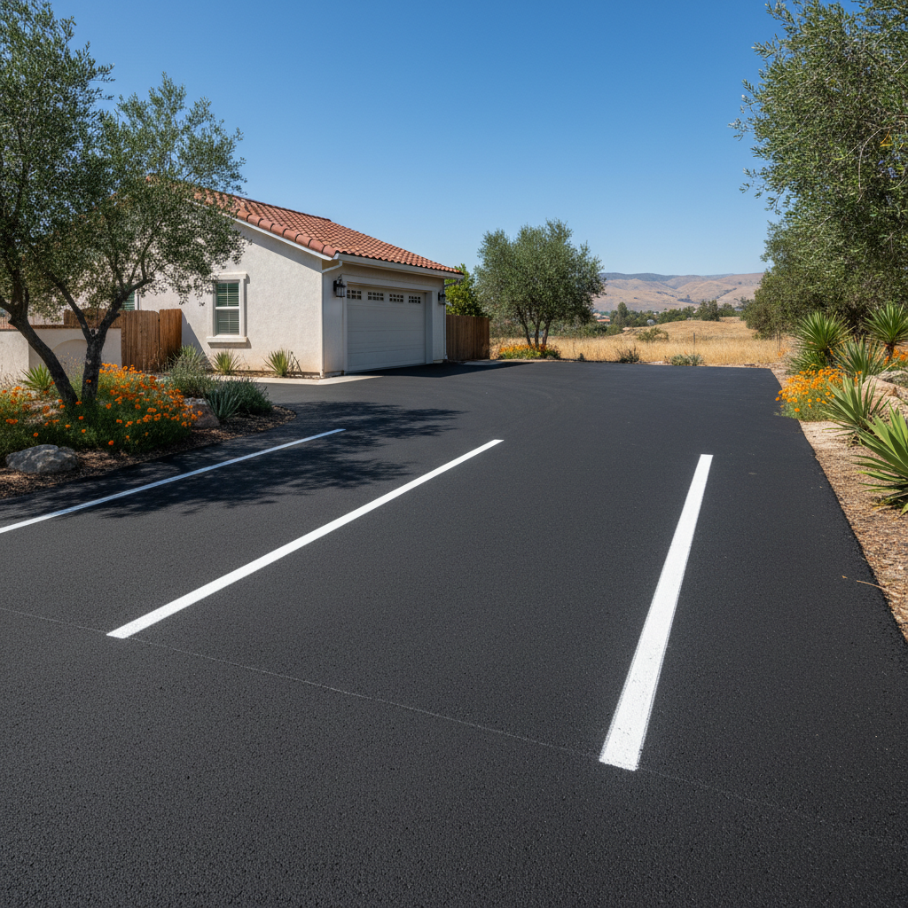 Completed asphalt striping work at a residential property in Orosi, CA