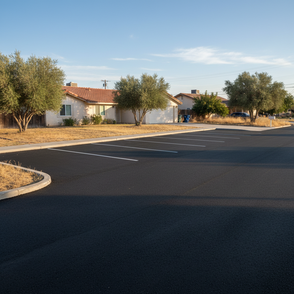 Completed parking lot paving work at a residential property in Orosi, CA