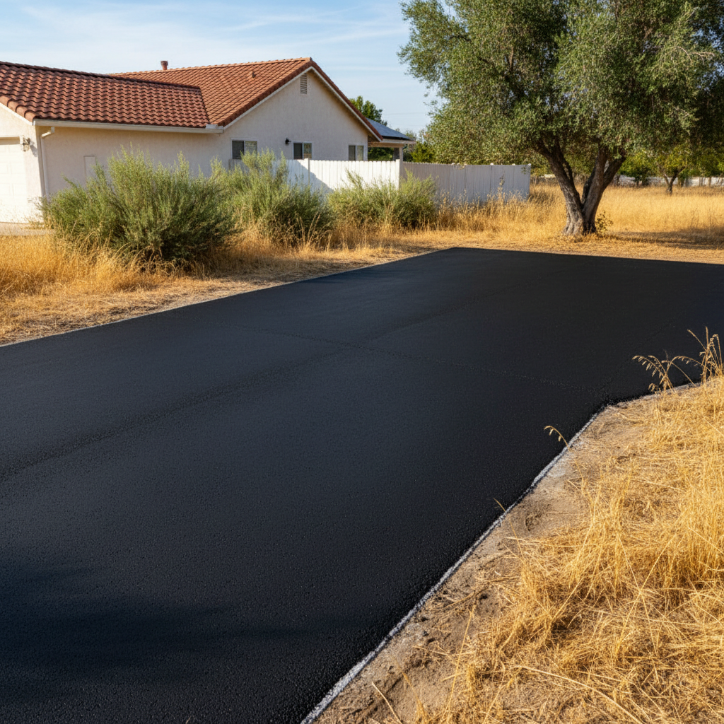 Completed asphalt sealcoating work at a residential property in Orosi, CA
