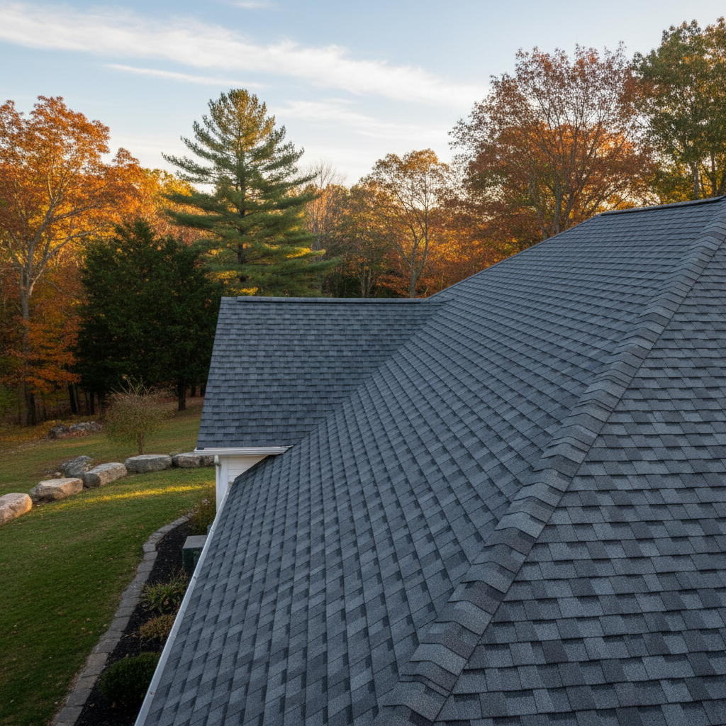 Completed asphalt shingle roofing work at a residential property in West Greenwich, RI