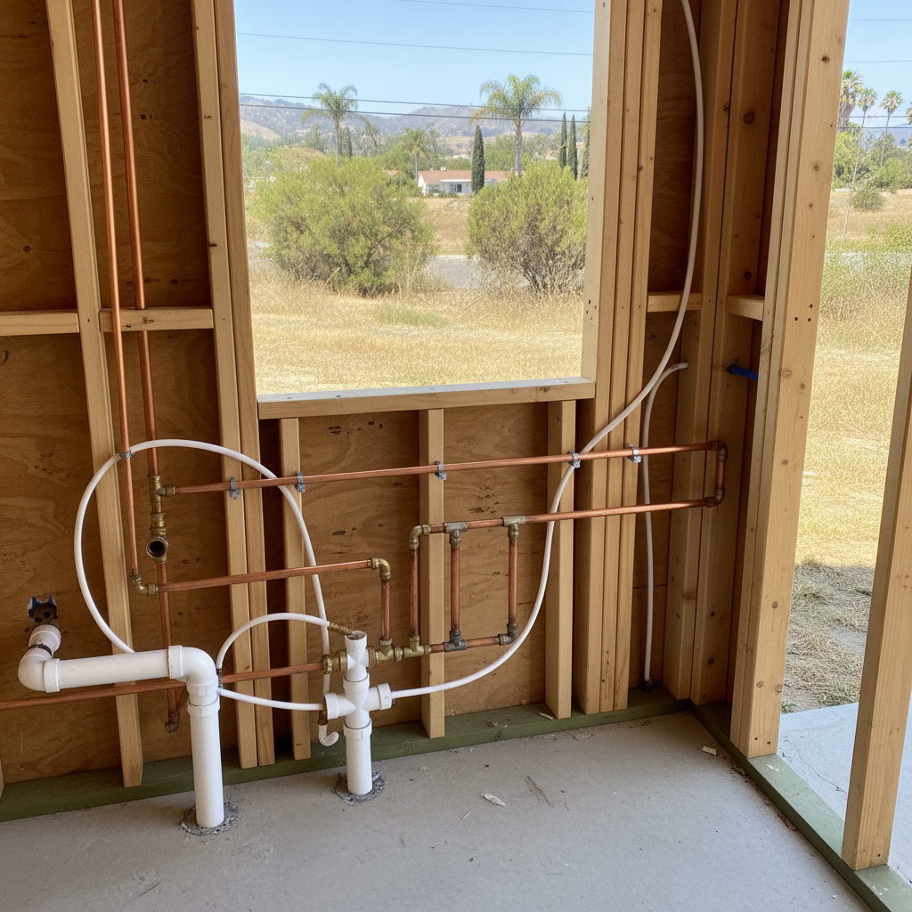 Completed plumbing rough-in work at a residential property in Fullerton, CA
