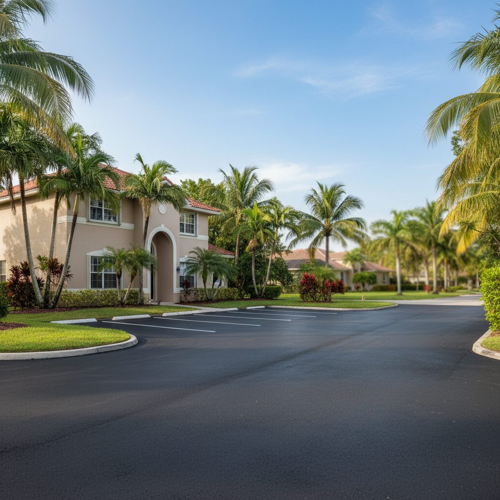 Completed parking lot paving work at a residential property in Plantation, FL