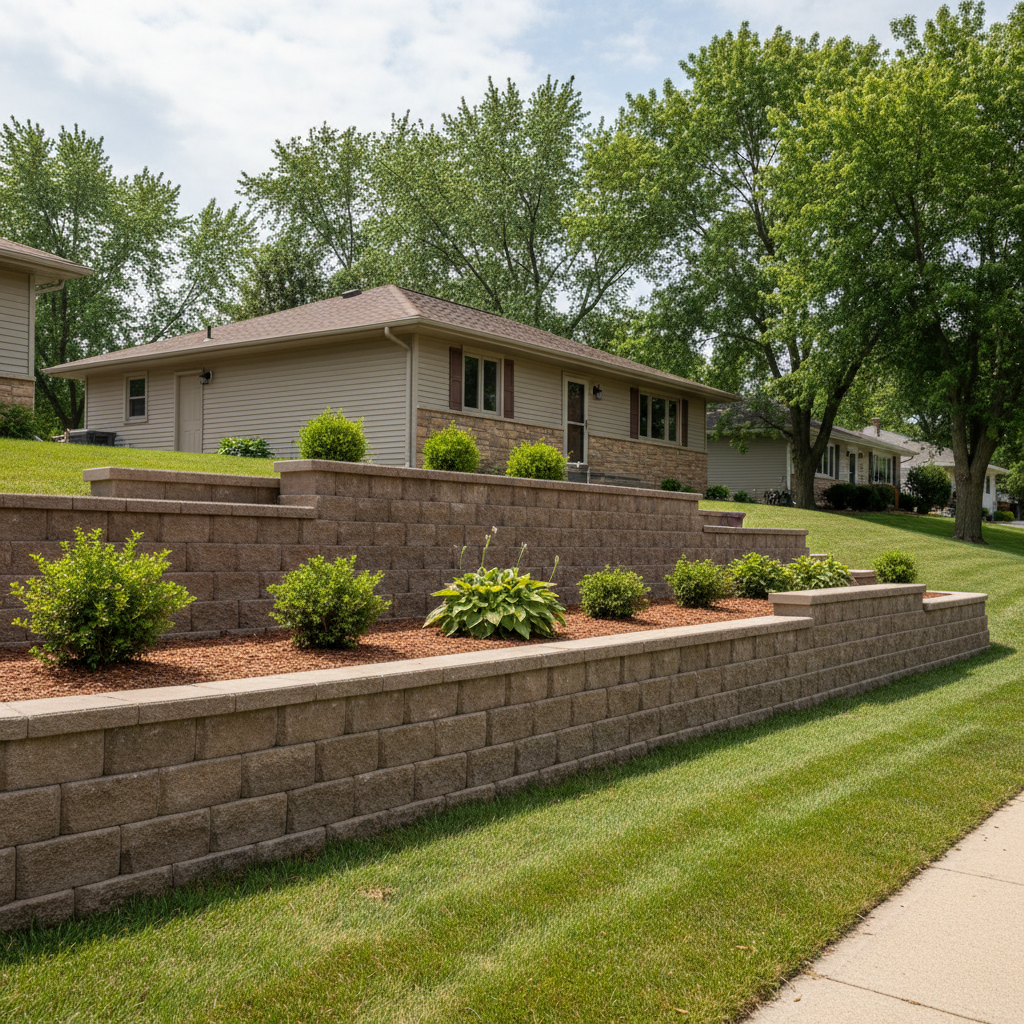 Completed concrete retaining walls work at a residential property in Joliet, IL