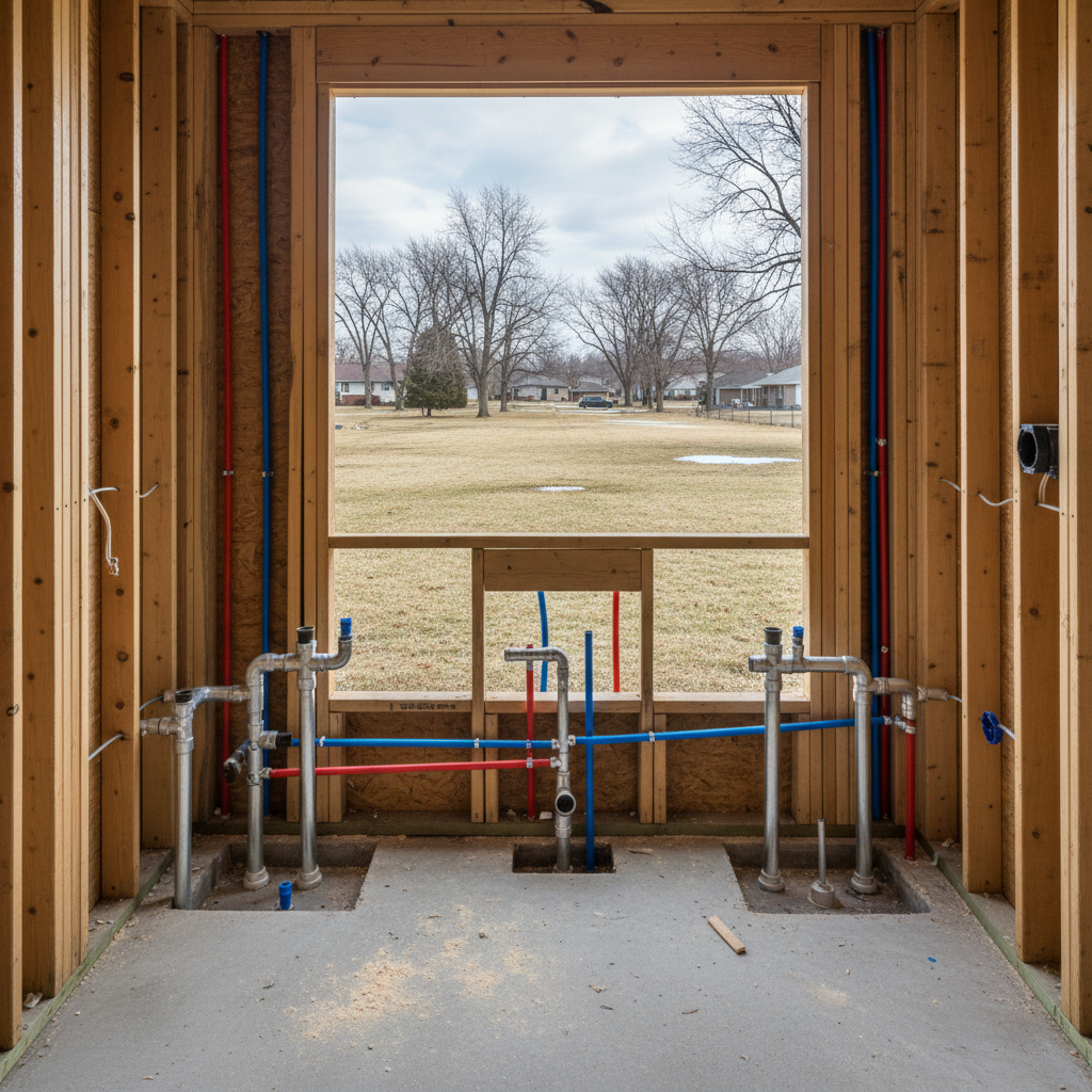 Completed plumbing rough-in work at a residential property in Freeport, IL