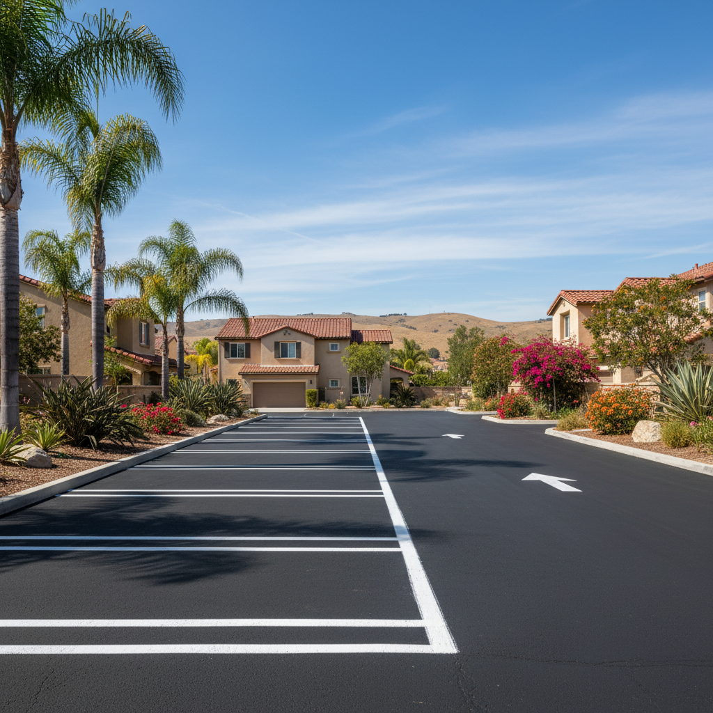 Completed asphalt striping work at a residential property in Anaheim, CA