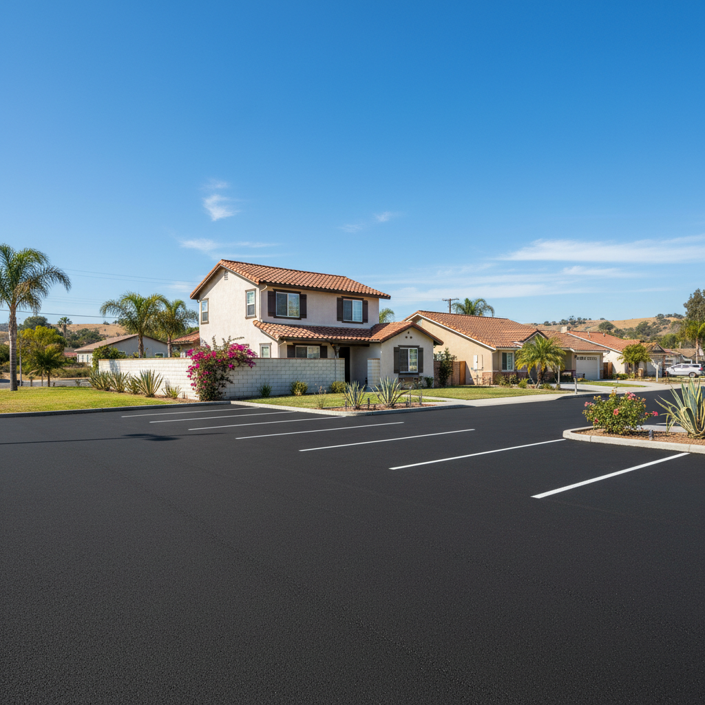 Completed parking lot paving work at a residential property in Anaheim, CA
