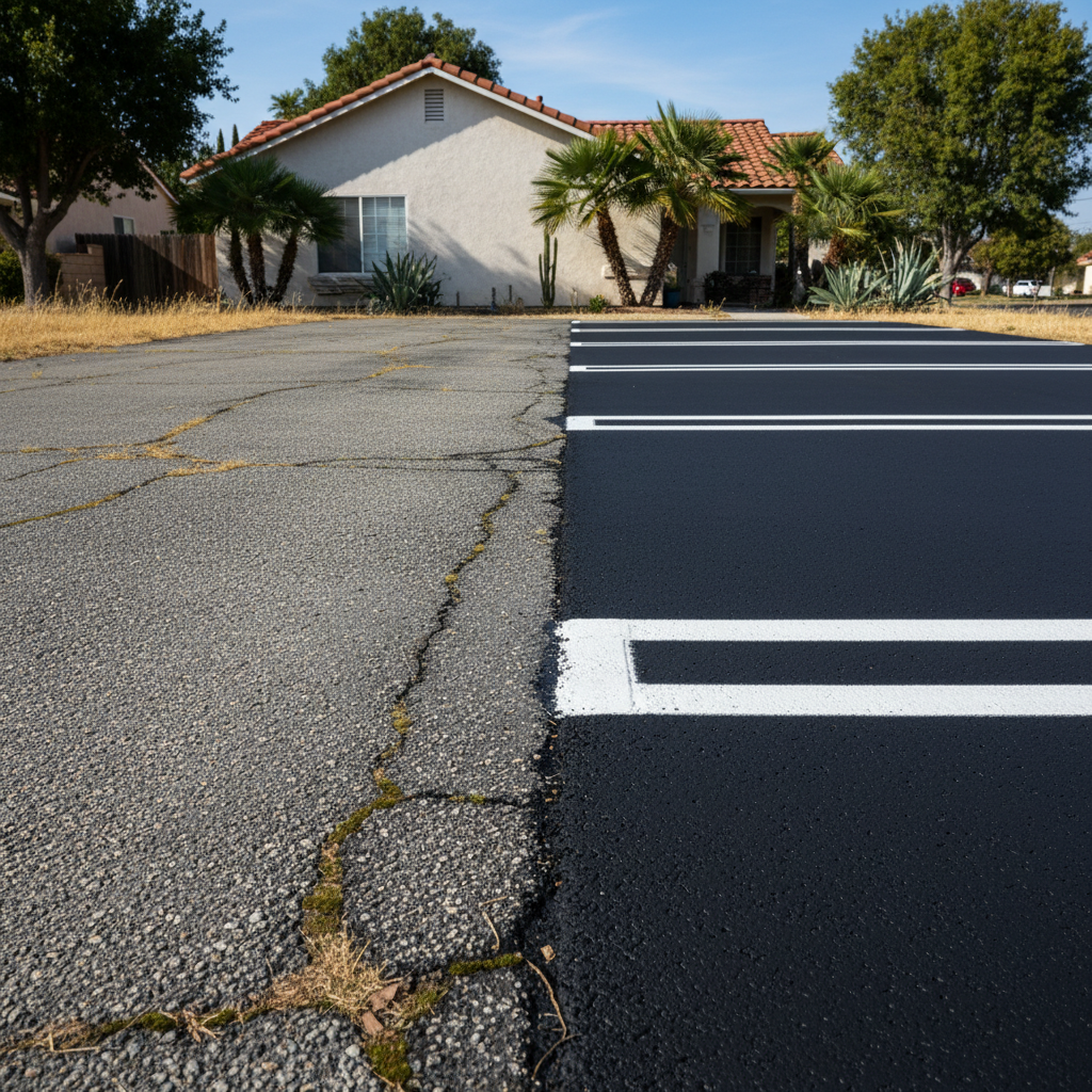 Completed asphalt striping work at a residential property in Santa Ana, CA