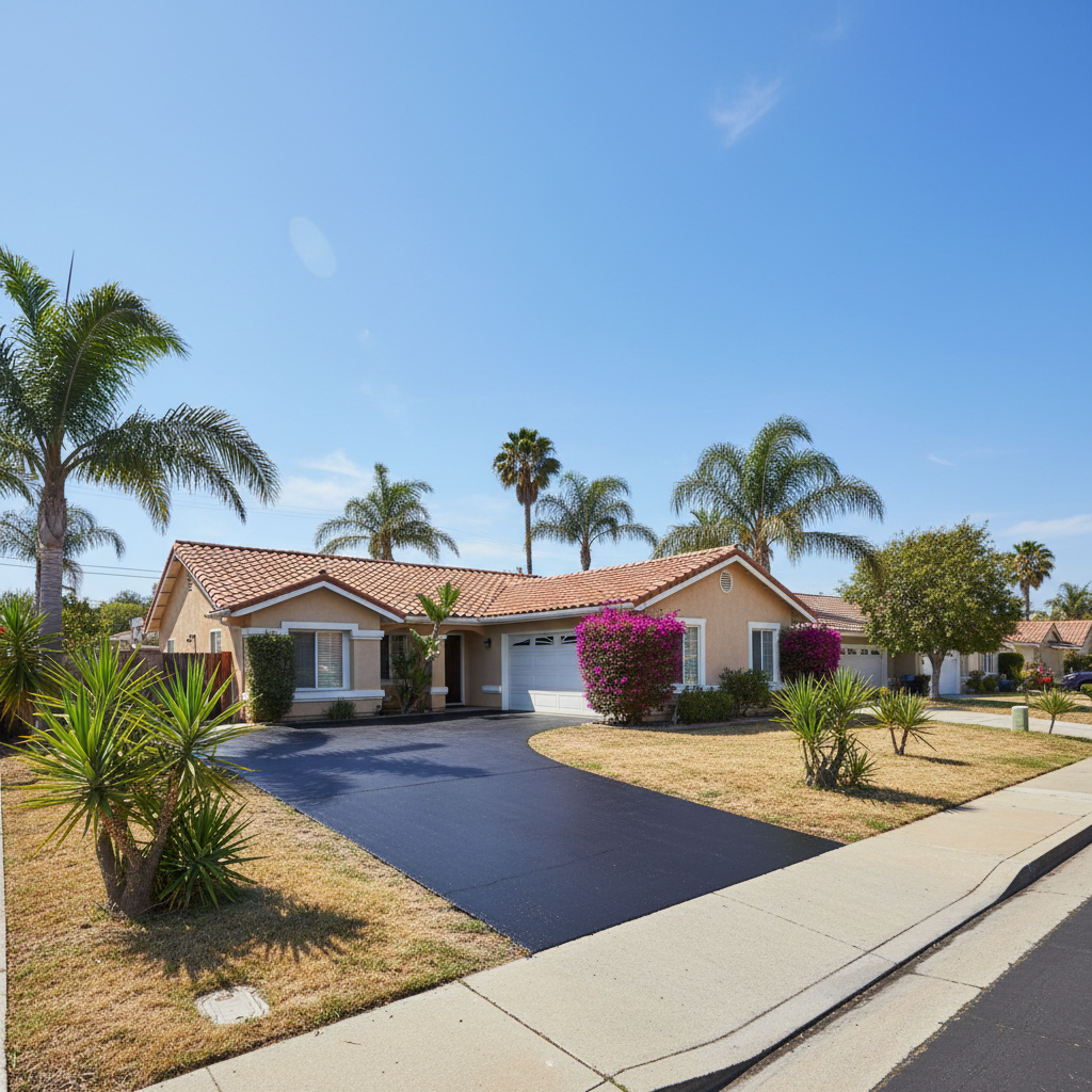 Completed asphalt sealcoating work at a residential property in Anaheim, CA