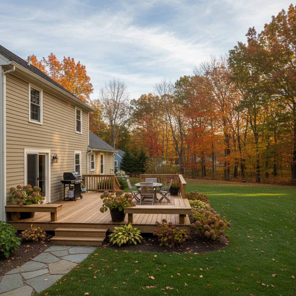 Completed wooden decks work at a residential property in Arlington, MA
